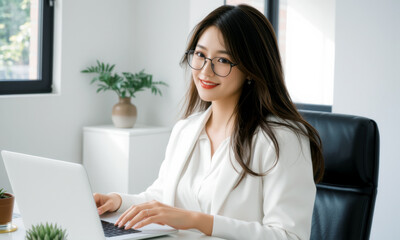 business woman sitting at desk with laptop, smiling and wearing glasses, in bright office environment. She exudes confidence and professionalism