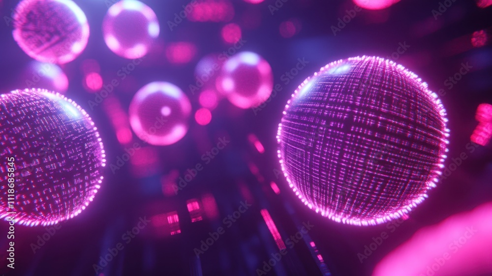 Poster abstract visualization of digital spheres with glowing data patterns.