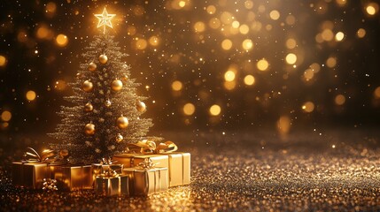 Golden christmas tree sparkling with festive lights and gifts