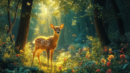 A serene fawn stands in a sunlit forest surrounded by colorful flowers, ideal for wall art, posters, and nature-themed designs.