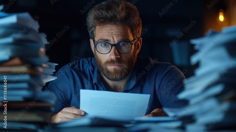 Poster man with glasses stares intently at a piece of paper while surrounded by stacks of documents