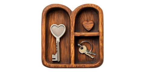 Wooden tray with heart key and keys isolated on transparent background
