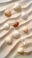 Top-down view captures the textured sandy beach with footprints, shells, and small rocks, all illuminated by gentle sunlight