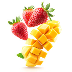 flying, slicing juicy strawberry and mango, isolated on a white background


