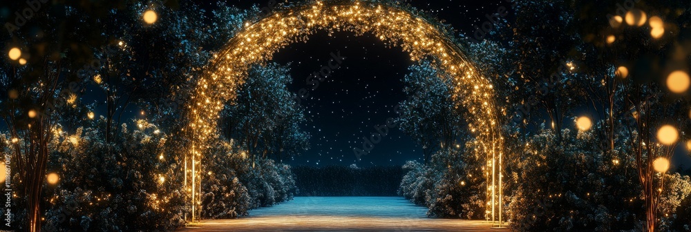 Poster enchanting nighttime archway illuminated by twinkling lights in a forest setting