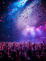 Dynamic concert scene capturing a vibrant crowd celebrating with confetti and colorful lights,...