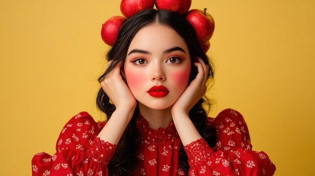 young woman with flowing dark hair wears a bright red dress, holding her head in her hands while red apples rest playfully above. Her makeup features bold colors, enhancing the cheerful vibe - Powered by Adobe