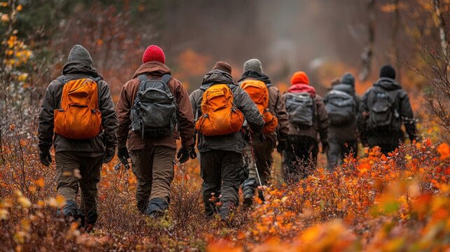 group of eight hikers, equipped with colorful backpacks, walks steadily along a forest path. ground is covered with vibrant autumn leaves and the atmosphere feels cool and refreshing