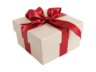 Obraz premium Elegant PNG Transparent Image of Cream-Colored Gift Box with Glossy Red Ribbon Bow - Perfect for Gift-Giving and Holiday Stock Photos
