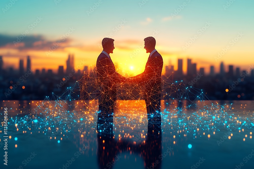 Poster empowering teamwork business scene featuring abstract overlapping shapes digital connection lines sy