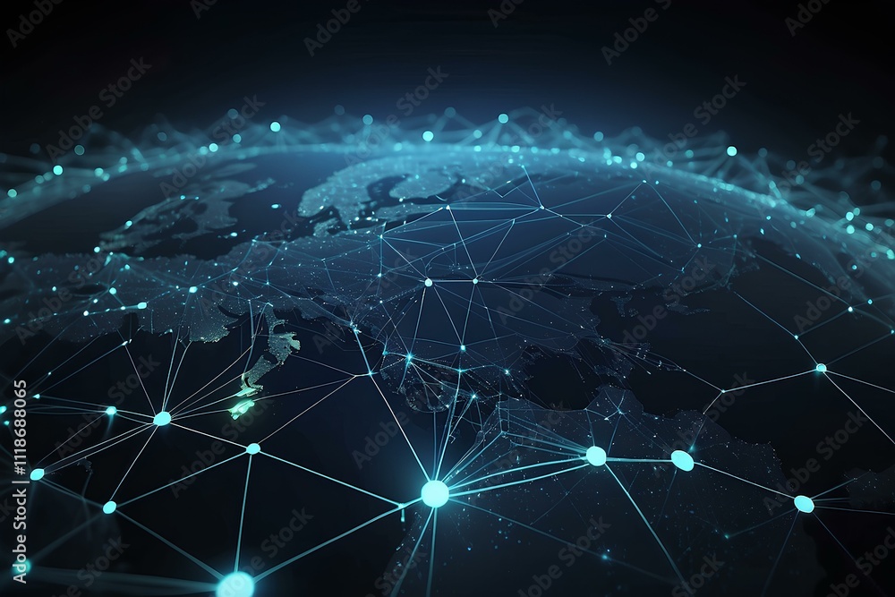 Poster high-tech earth with luminous network paths and nodes connecting continents and countries