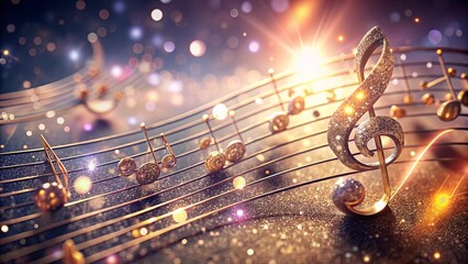 A music sheet paper with 3D glitter musical notes placed on a stave and staff. The design combines artistic elements with a touch of sparkle, creating a lively and dynamic visual for music lovers.
