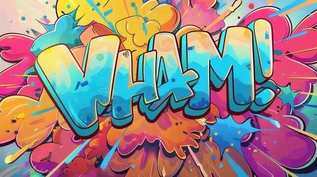 Pop art style comic speech bubble with "WHAM!" text, vibrant colors, and explosive background in vector illustration