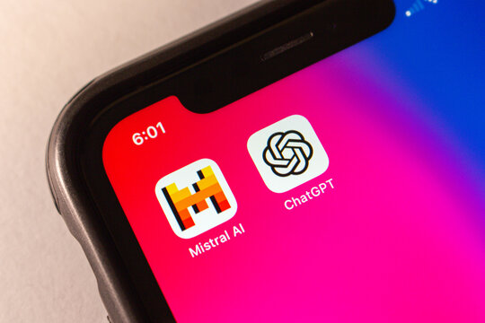 Mexico City, MEXICO - Nov 28 2024 : Mistral AI and ChatGPT icons are displayed on an iPhone screen.
