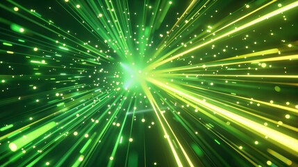 Fototapeta premium Abstract background with green light rays and yellow glow, representing speed of space time tunnel or energy flash.