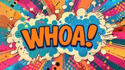 Pop art style comic speech bubble with "WHOA!" text, retro halftone pattern, and colorful explosion background