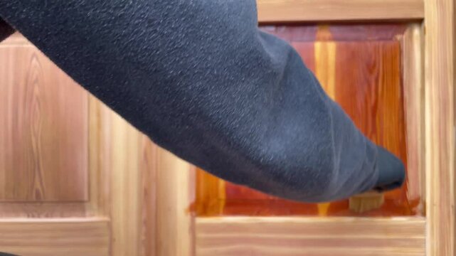 Transparent wood oil protector application with brush,  wood oiling time lapse, before and after