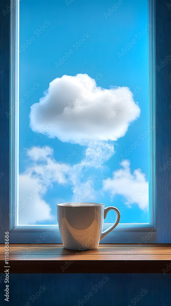 Poster there is a small cloud floating over a steaming coffee cup placed on a wooden surface in front of a 