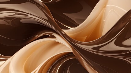 Abstract glossy waves of chocolate brown and caramel beige tones, flowing seamlessly in a smooth and dynamic composition, evoking a rich and luxurious aesthetic.

