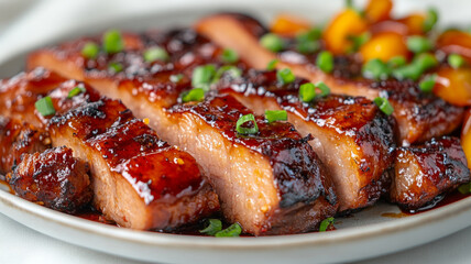 Grilled pork belly sliced on a plate with garnish.