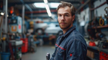Obraz premium Portrait of a handsome mechanic using a ratchet in a spotless, contemporary car service garage
