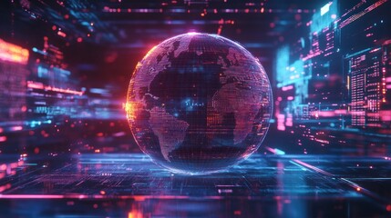 Obraz premium Futuristic digital globe surrounded by data streams and code.