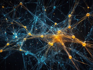A high-resolution visualization of an artificial neural network with interconnected nodes and glowing pathways, symbolizing advanced AI technology