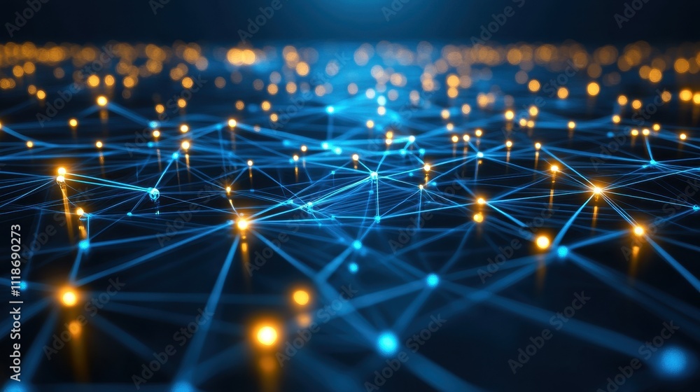Poster abstract representation of interconnected nodes and lines, symbolizing technology and data flow.