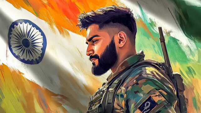An illustration of a determined young Indian male soldier with a beard, donned in combat gear, set against an artistic backdrop of the Indian flag in vibrant tones.