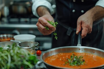 Chef preparing tomato soup with micro herbs in kitchen.