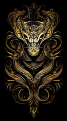 High detailed vector illustration of a snake head in ornate golden lines on a black background