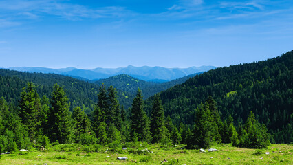 Fototapeta premium Green mountain with sky clouds natural landscape at sunny weather.