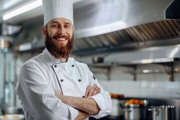 Delighted bearded chef standing in the kitchen of the restaurant
