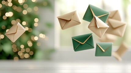 A minimalist design features floating envelopes and icons on a white backdrop, highlighting soft lighting and geometric shapes.