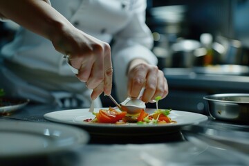Female Chef in hotel or restaurant kitchen cooking  only hands  she is finishing a dish on plate