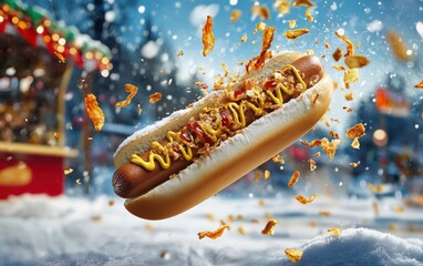 Festive Hotdog Explosion A gourmet hotdog flying mid-air with mustard, ketchup, and crispy onions scattering, set against a snowy outdoor food truck backdrop