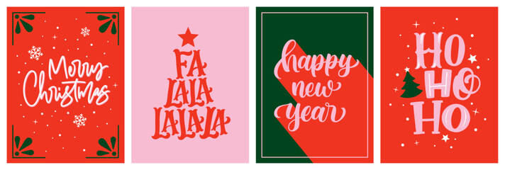 A Modern Set of Festive Hand Lettering Christmas Cards in Red, Pink and Green
