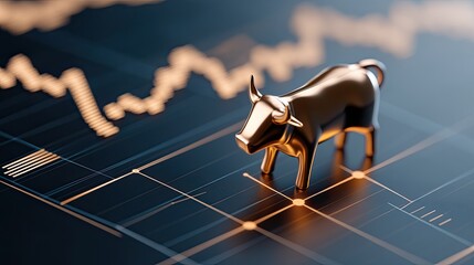 A holographic blue and orange bull stands prominently on a glowing stock market graph against a dark background, emphasizing market dynamics.