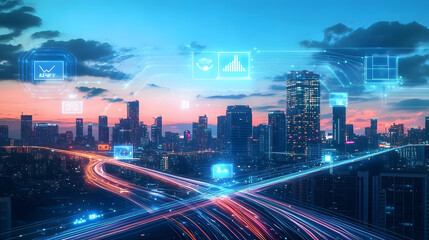 Fototapeta premium A smart city with a network of connections and IoT, illustrated in digital graphics above the skyline, marked as AIG41.