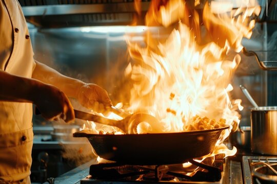 Mid section of chef tossing stir fry over large flame in commercial kitchen