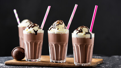Glasses of milkshakes with chocolate, strawberry, banana flavor, with ice cream against a dark backdrop.
