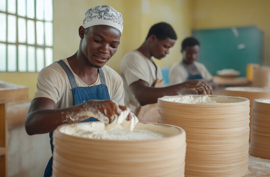 A team of artisans collaborating in a bright workshop, each performing different steps of the hide tanning process