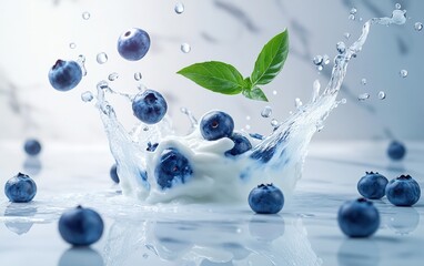 Flying blueberries and yogurt splashes, clean marble countertop, minimalistic lighting