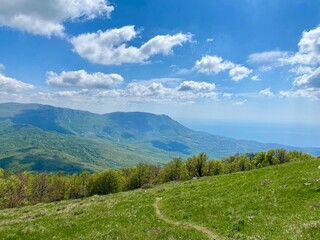 beautiful spring mountain landscape with blue sky