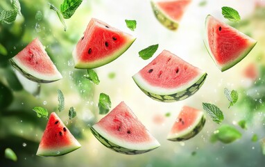 Flying watermelon chunks and mint leaves, tropical garden background
