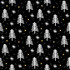 Seamless pattern with Christmas trees and snowflakes on a black background. Minimal art banner, poster. Holiday background for wrapping paper, wallpaper.