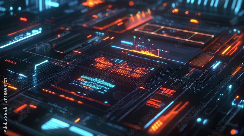 Poster a futuristic digital landscape with glowing circuitry and data displays.