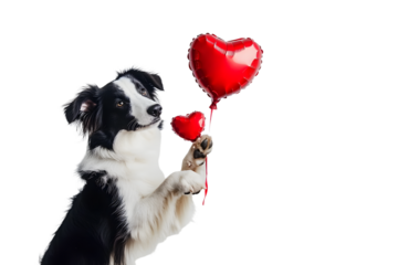 St. Valentine's Day concept. Funny portrait cute puppy dog border collie holding red heart balloon in paw isolated on white background. Lovely dog in love on valentines day gives gift.
