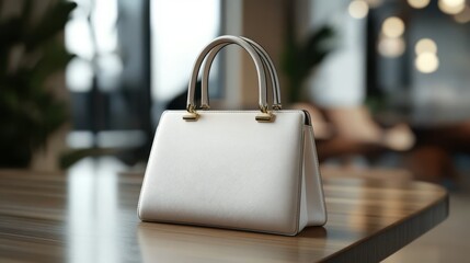 Elegant off-white handbag on wooden table.