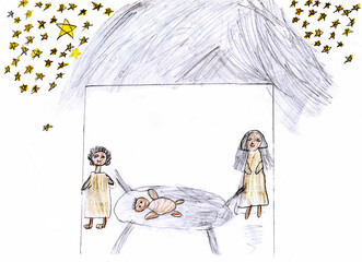Kid's pencil drawing picture. Newborn baby Jesus